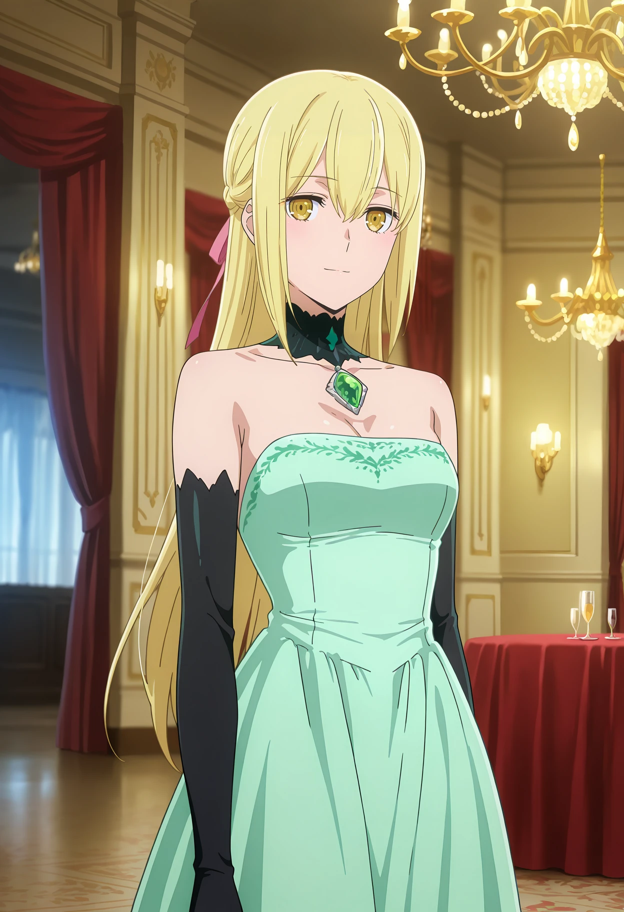 anime screencap, masterpiece, best quality,
<lora:DanMachi_AisWallenstein_IlluXL:0.9>,
1girl, solo, closed mouth, light smile,
straight hair, long hair, blonde hair, hair between eyes, yellow eyes,
AisDress, hair ribbon, pink ribbon, braid, detached collar, strapless dress, light green dress, green gemstone, elbow gloves, black gloves,
standing, looking at viewer,
indoors, ballroom, curtains, chandelier, blurry background
