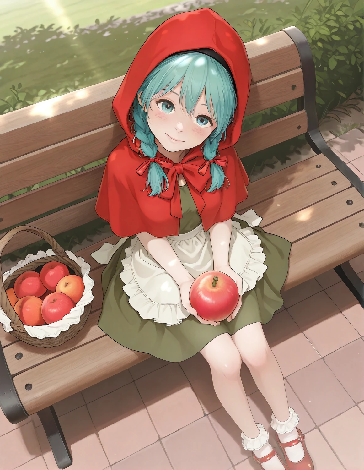 1girl sitting on a park bench, dutch angle, happy, hatsune miku, , blush , low twin braids, hairband, red capelet, mary janes, red footwear, socks, frilled socks, green dress, white apron, head tilt, hood up, hair ribbon, red ribbon, ankle socks, sunlight, from above, holding a fruit basket
<lora:redlight_style_illustrious_v3:.8>