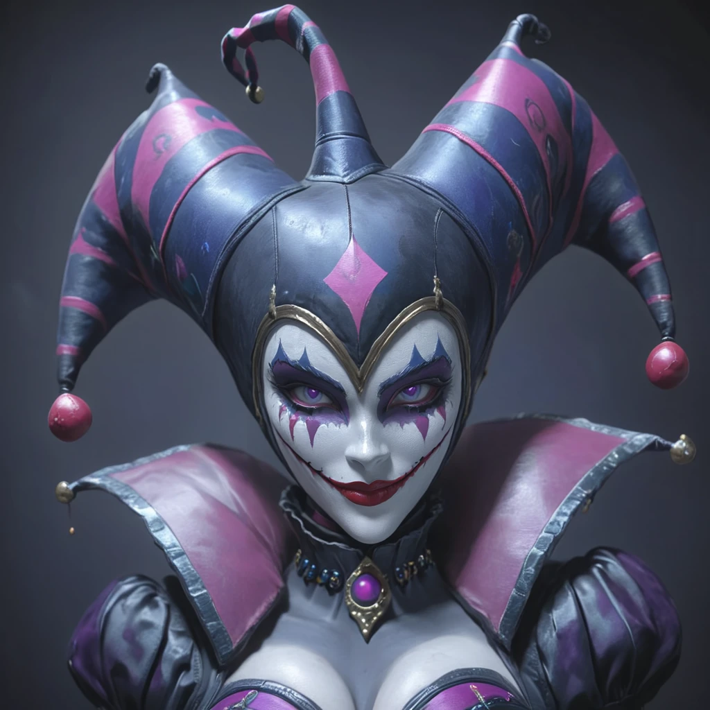 <lora:Crimson_LuminarySDXL:1> ArsMJStyle, Crimson Luminary, The image shows a woman wearing a jester's hat and a purple and black outfit with a dark background. She is wearing a costume inspired by the character Harley Quinn from the video game League of Legends., 1girl, solo, high collar, hat, makeup, looking at viewer, facepaint, jester cap, smile, lipstick