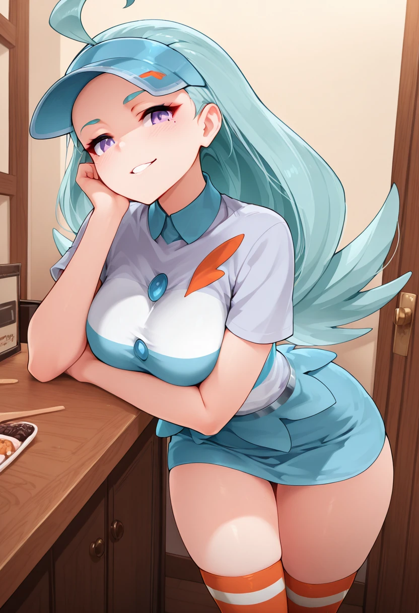 masterpiece, best quality, medium breasts, (curvy),   BREAK, zzKahili, aqua hair, purple eyes, short sleeves, striped shirt, collared shirt, miniskirt, blue skirt, kneehighs, blue headwear, visor cap, <lora:KahiliPokemonIXL_v2:1.0>,smile, looking at viewer, cowboy shot,   <lora:RicegnatStyleIXL:1.0>,