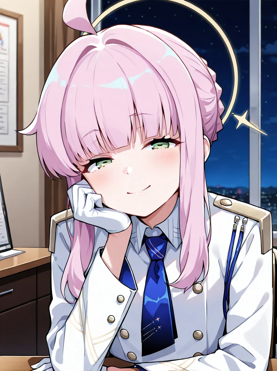 detailed background, posing,  
<lora:shirakaya.il:1>,
shirakaya,
clothed girl, 
night, sky, window, desk, looking forward, looking at viewer, from front, 
head rest, half-closed eyes,