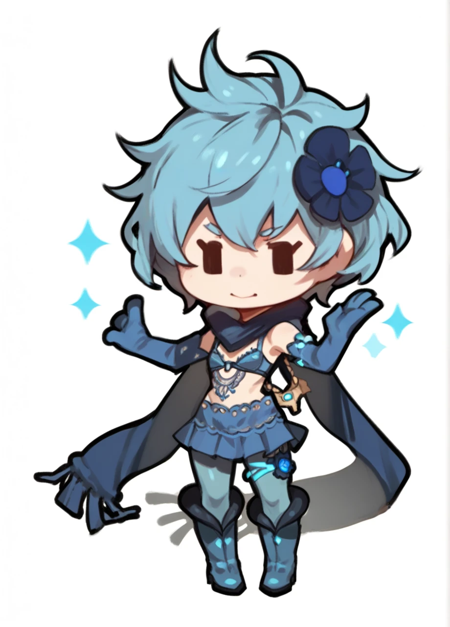 <lora:Nier_Two-PONY:0.8> niertwo, short hair, blue hair, hair flower, jewelry, scarf, blue bra, mini skirt, blue pantyhose, blue elbow gloves, boots, 1girl, solo, full body, chibi, white background, score_9, score_8_up, score_7_up, score_6_up,