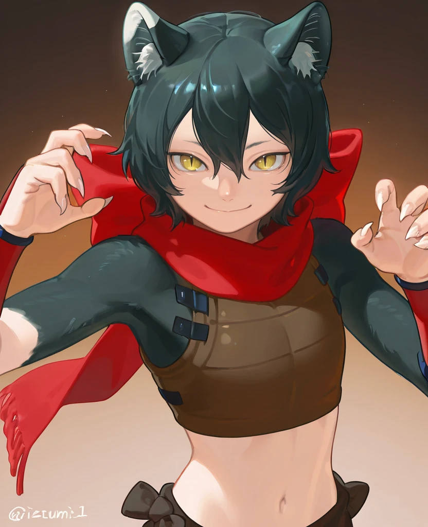 <lora:Izutsumi_Danjon_Meshi_Illustrious:1> Izutsumi, 1girl, solo, looking at viewer, smile, short hair, black hair, navel, animal ears, hair between eyes, upper body, yellow eyes, midriff, cat ears, stomach, twitter username, scarf, armor, animal ear fluff, crop top, fingernails, hands up, cat girl, slit pupils, red scarf, sharp fingernails, body fur, arm guards, black fur, sensitive