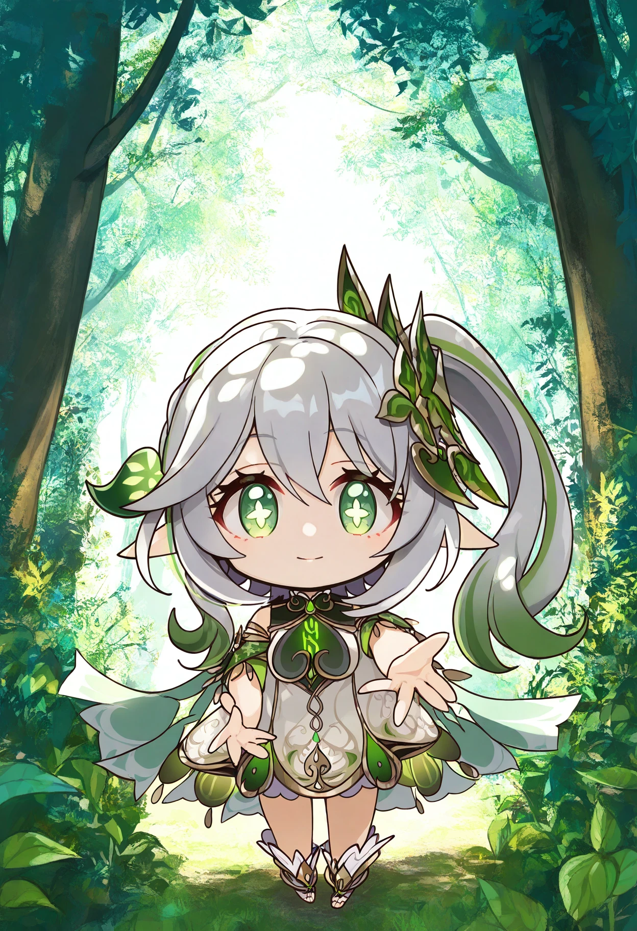 (masterpiece, best quality, highres, absurdres, very detailed, very aesthetic:1.22), (detailed eyes), large breasts, nahida \(genshin impact\), light smile, detailed scenery, foliage, chibi, forest canopy, dappled sunlight, shade, reaching towards viewer, open hand, <lora:komowata_haruka_ct15v_1-04:1>