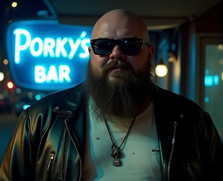 A technicolor classic cinematic portrait of a chubby biker man standing in front of a Biker Bar called PORKY'S BAR. He's chubby but strong looking, has a big messy beard that mostly covers his mouth and chin. He's wearing a black leather jacket, torn white t-shirt, dark sunglasses, and has a balding head. This takes place at night and he is lit by the overhead street light and the blue bar sign glowing behind him. He is lit artistically, highly detailed, editorial fashion like, with bokeh.