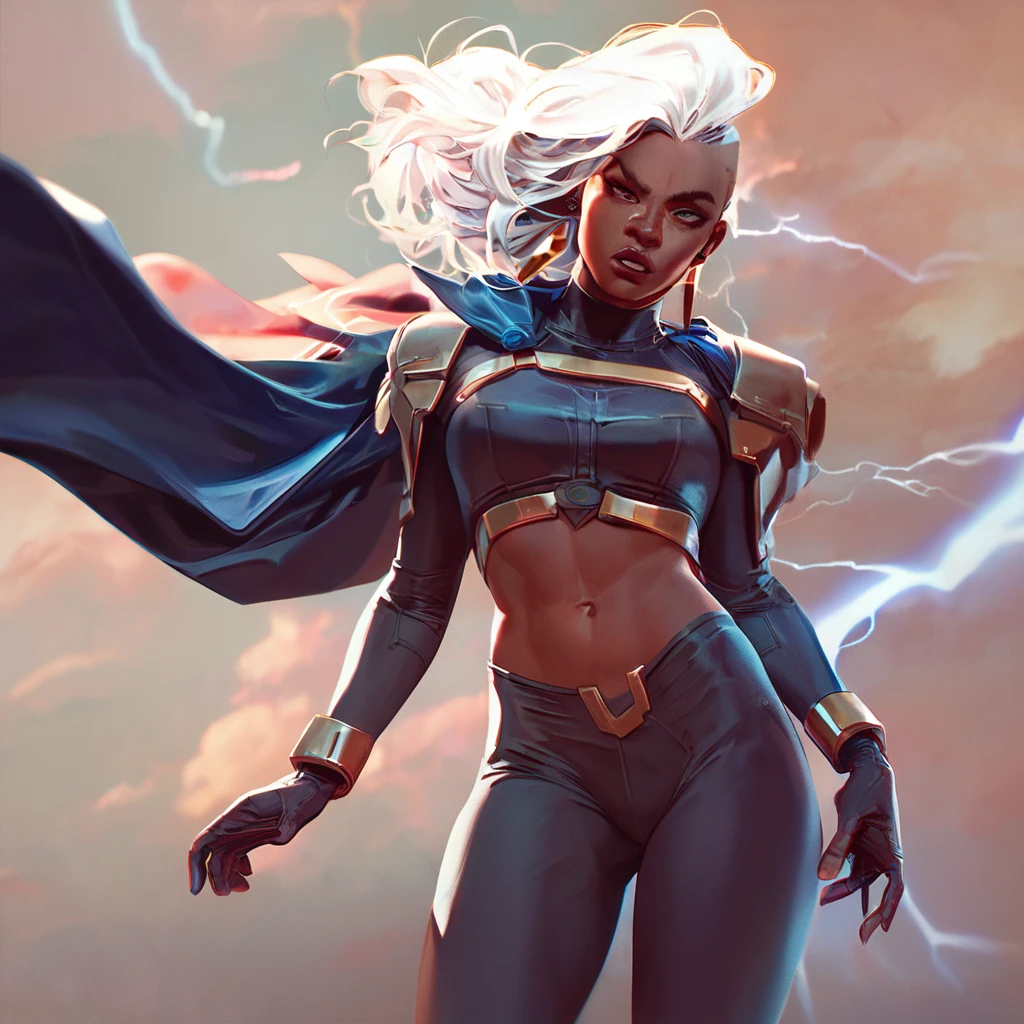 score_9, score_8_up, <lora:0004storm:1>, sturmaz, 1girl, dark skin,dreadlock, white hair, cowboy shot, bodysuit, (midriff:1.3),lightning earrings, cloak