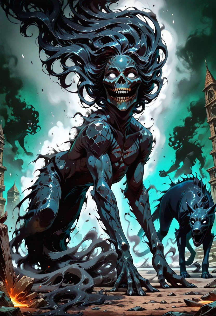 masterpiece, best quality, newest, absurdres, highres, PaintedComic-V5.0, 1boy, shadow hair, floating hair, black hair, smoke, smoke aura, Shadow-Elemental, Living-Shadow, monster, monster boy, horror (theme), white eyes, glowin eyes, white eye glow,
