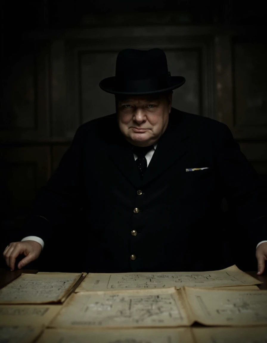 cinematic film still cinematic photo church1ll, an overweight man wearing a dark suit and bowler hat, standing in a World War II command bunker, maps and war plans scattered across the table, intense lighting highlighting his face, cinematic focus, highly detailedâââ <lora:F1D_Winston-Churchill_v01e07:1> . 35mm photograph, film, bokeh, professional, 4k, highly detailed . shallow depth of field, vignette, highly detailed, high budget, bokeh, cinemascope, moody, epic, gorgeous, film grain, grainyâââ