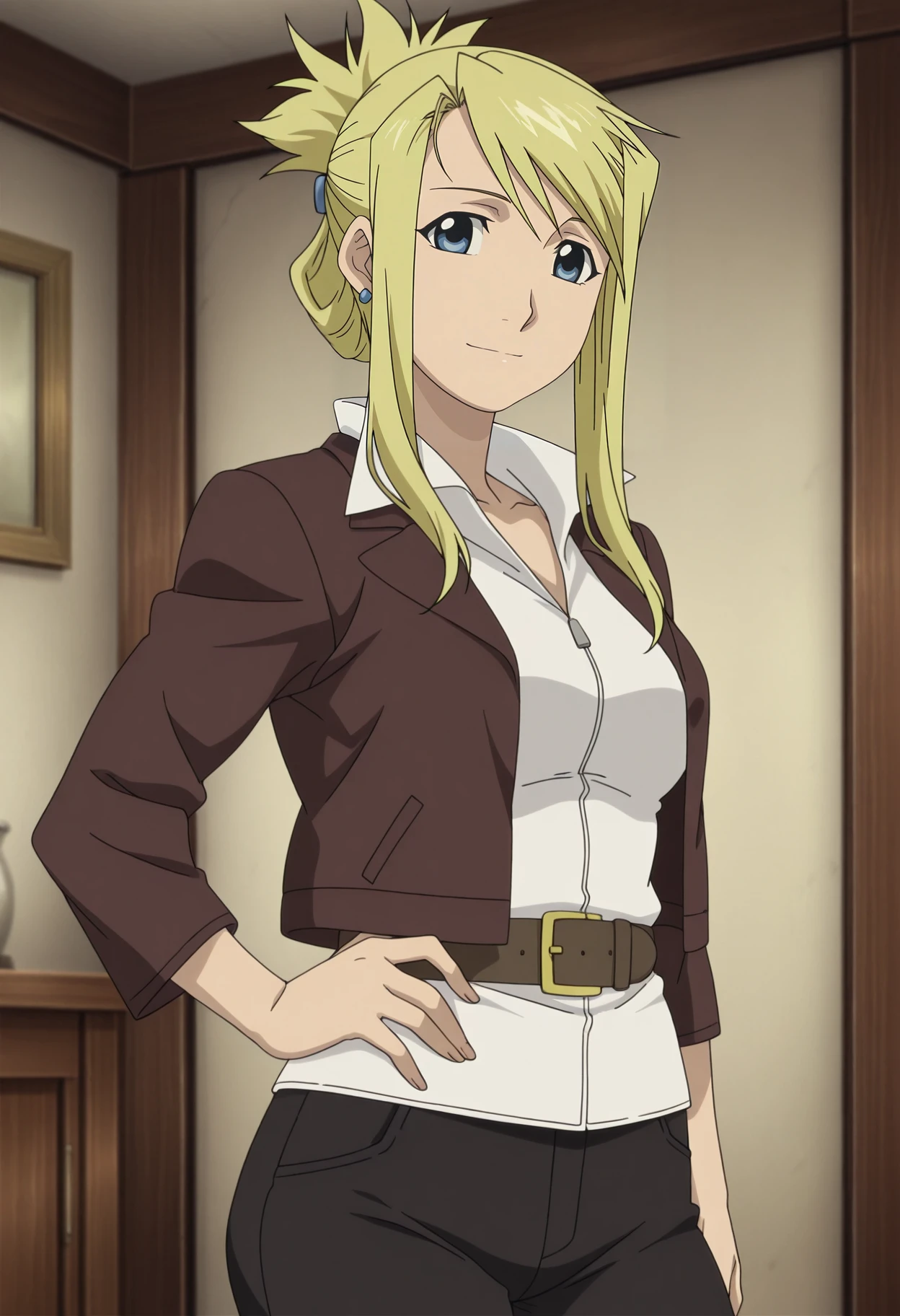 1girl,solo,mm,mature female,blonde hair,blue eyes,folded ponytail,long hair,earrings,jewelry,anime coloring,
brown jacket,white shirt,belt,black pants,looking at viewer, light smile,indoors,hand on own hip,
,masterpiece,best quality,amazing quality,<lora:Winry_Rockbell-Fullmetal_Alchemist_The_Movie_-_Conqueror_of_Shamballa:0.8>
