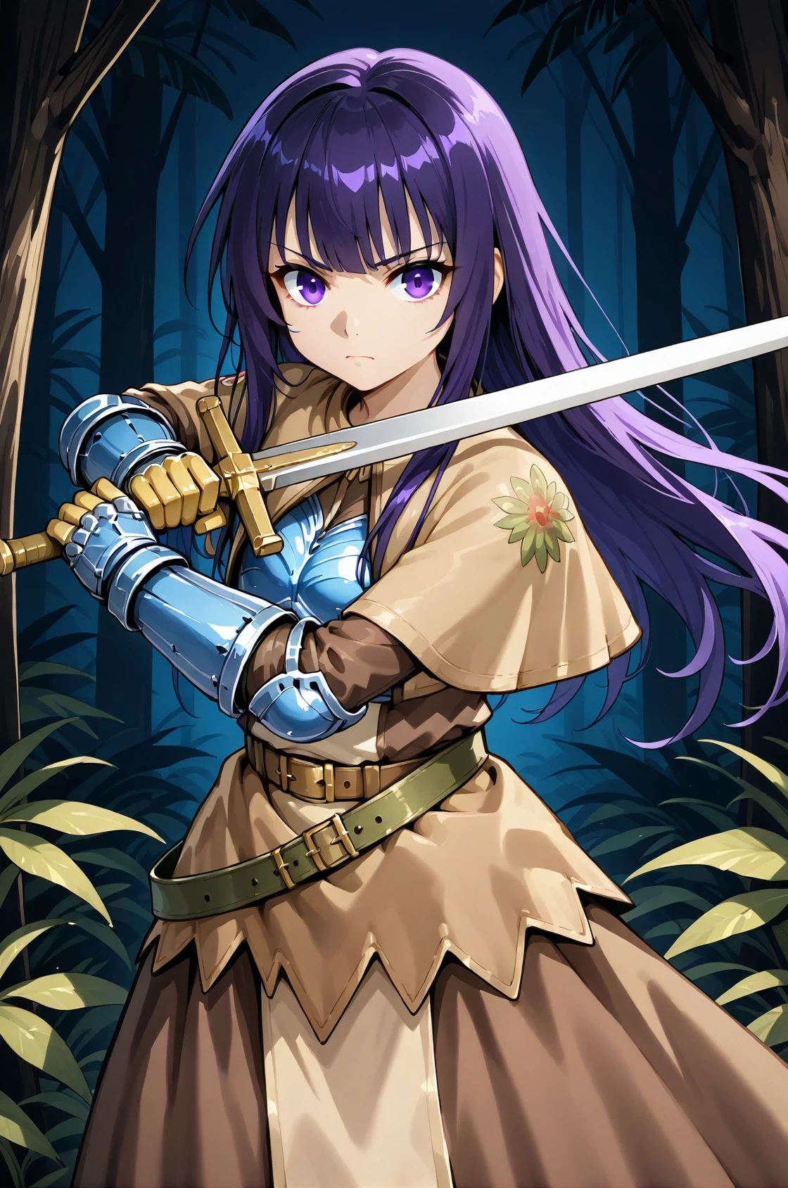 swdro, breastplate, brown capelet, dress, belt, armored gloves, long skirt, brown skirt, gauntlet, yellow gloves,
looking at viewer,
long hair, purple hair, purple eyes, standing, holding sword, serious, upper body,
fighting stance, outdoor, night time, jungle, trees, (dark atmosphere:1.4), blue light, bioluminescence,
<lora:swordROIllustV5.0:1>