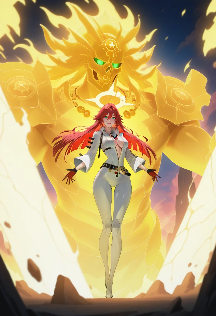 masterpiece, best quality, realistic
 <lora:Susanoo V11 [IL]:0.7> susanoo, glowing, transparent giant, light energy, transparent armor, transparent giant
, full body, 
1girl, solo,  <lora:guiltygear_jackovalentine_illustriousXL-STRIVE:0.7> strivejkvtn, long hair, colored inner hair, red hair, white hair, hair between eyes, blunt ends, compass rose halo, broken halo, green eyes || (white bodysuit), ankh, center opening, plunging neckline, shoulder belt, long sleeves, studded belt, two-tone gloves, black gloves, red gloves, necklace, cleavage,