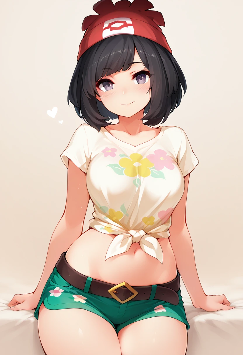 masterpiece, best quality, medium breasts, (curvy), BREAK, zzSelene, 1girl, solo, black hair, green shorts, red headwear, beanie, shirt, tied shirt, floral print, short hair, short sleeves, short shorts, striped, white shirt, belt, <lora:SeleneIXL:1.0>,smile, looking at viewer, cowboy shot, <lora:RicegnatStyleIXL:1.0>,