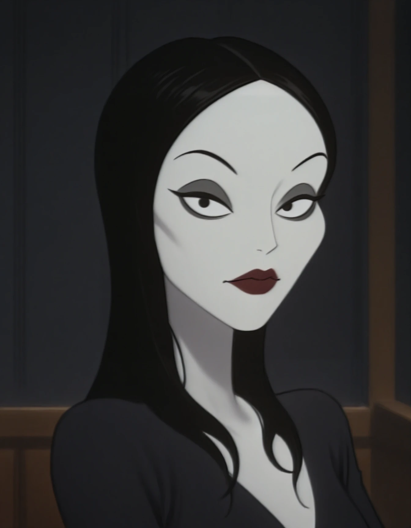 detailed, masterpiece, best quality,
black dress,
indoors, dark background,
1girl, solo, portrait, looking at viewer,
<lora:taf-morticia-og:1> xmorticiax, black hair, long hair, black eyes, pale skin, makeup, lipstick,