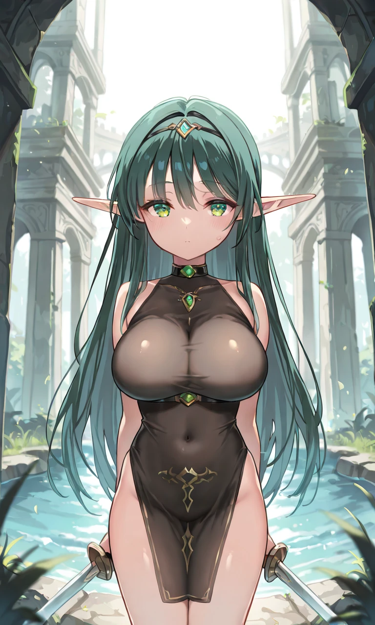 Realistic and detailed image of an elf dressed in a sweater without cleavage. She has long wavy black hair. Turquoise eyes. She has earrings, long eyelashes. She has large breasts, slim waist, wide hips and thick thighs. She is with legs raised, legs open, crying, smiling, face of pleasure. Vagina view, anus view, arched back. There is a garden with flower petals falling around her.