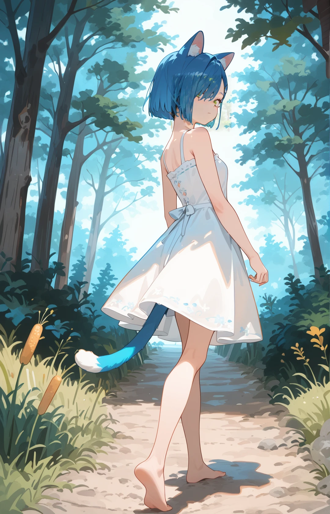 IchigoCYQL,1girl,solo,blue hair,short hair,green eyes,hairclip,hair ornament,hair over one eye,<lora:IchigoCYQL:1>,
BREAK
nature,animalears,dress,tail,forest,outdoors,whitedress,catears,walking,tree,cattail,lookingback,sleeveless,lookingatviewer,scenery,sleevelessdress,barefoot,catgirl,day,sundress,barearms,bareshoulders,bush,frombehind,grass,path,,
BREAK
<lora:USNR STYLE_XL_loha:0.45>,usnr,<lora:spo_sdxl_10ep_4k-data_lora_webui:0.5>,<lora:illustrious_all_rated_v1:0.6>,<lora:ponyv5_noobV065S_1_adamW:0.7>,<lora:748cmSDXL:0.8>,748cmstyle,<lora:DarkerThanBlackIllustrious:0.5>,<lora:CUTE2712_Illustrious by Cyql:1>,CUTE2712,
perfect quality,high quality,masterpiece,best quality,amazing quality,very aesthetic,absurdres,newest,