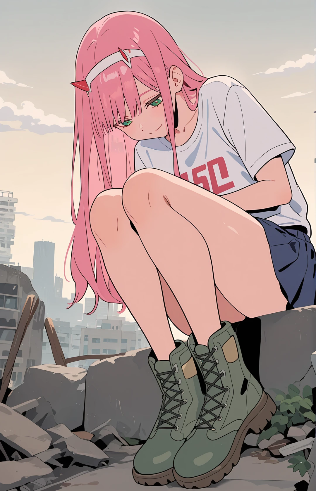 ZeroTwoCYQL,1girl,solo,pink hair,long hair,bangs,horns,hairband,white hairband,green eyes,Asymmetrical skirt, graphic tee, combat boots,
BREAK
naughty_face,looking_down,
BREAK
scenery,outdoors,sky,cloud,building,cloudysky,ruins,city,cityscape,day,greysky,,
BREAK
<lora:semham4:0.7>,<lora:748cmSDXL:0.7>,748cmstyle,,<lora:ZeroTwoCYQL:1>,
perfect quality,high quality,masterpiece,best quality,amazing quality,very aesthetic,absurdres,newest,