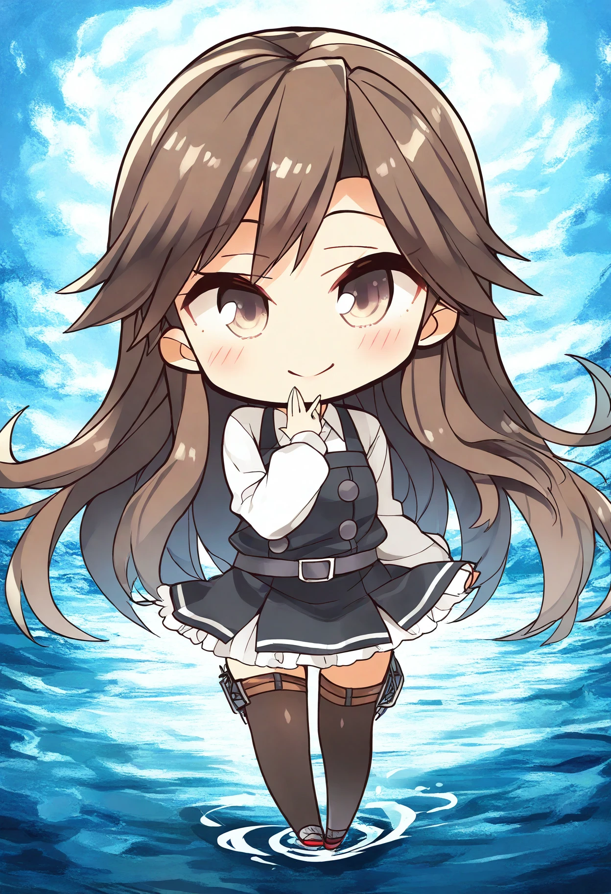 (masterpiece, best quality, highres, absurdres, very detailed, very aesthetic:1.22), (detailed eyes), arashio kai ni \(kancolle\), 1girl, smile, full body, detailed scenery, blush, hand over own mouth, chibi <lora:komowata_haruka_ct15v_1-04:1>
