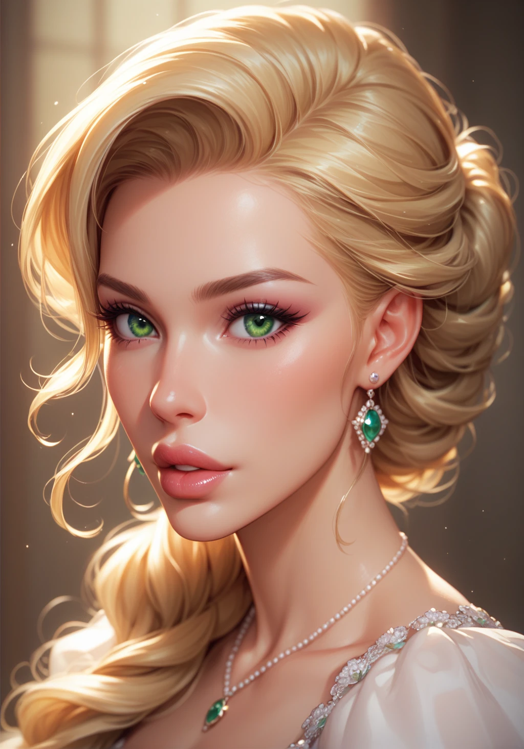 1880s adult Victorian wife mother with long blonde hair worn out and full, wearing light clothes, full lips and a soft face and large green eyes, score_9, score_8_up, score_7_up