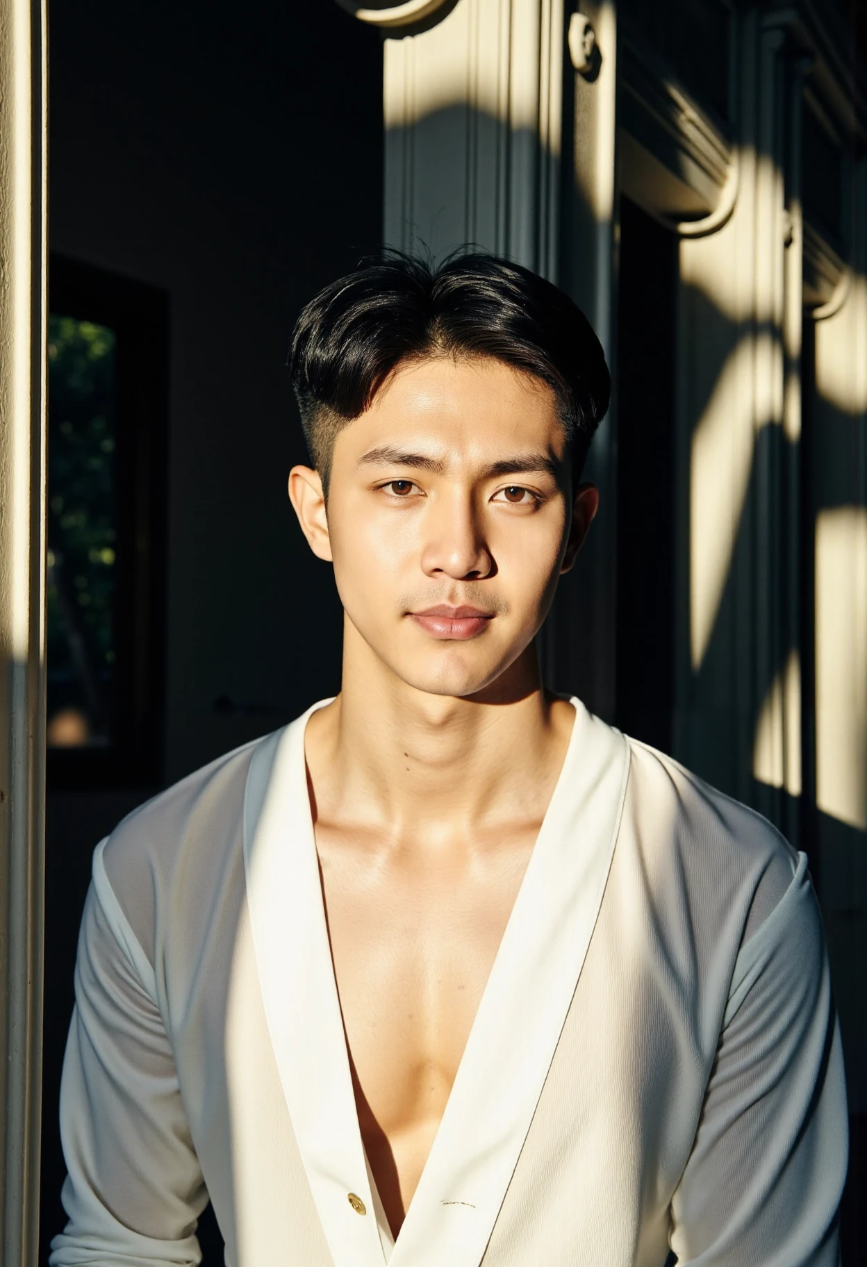 aws_1, XUER photographic film. Professional photo. A closeup headshot of Gunn Nakarin, a handsome young Thai male fitness model. He is in an ancient Bangkok temple wearing a vintage traditional Thai men's white cotton buttoned shirt. His skin is and smooth and dark tan. He is looking directly at the viewer, engaging them with a boyish charm. His black hair is short and glossy, perfectly styled. Beautiful directional sunlight casts light and shadows that highlight his chiseled feature, giving the image depth.