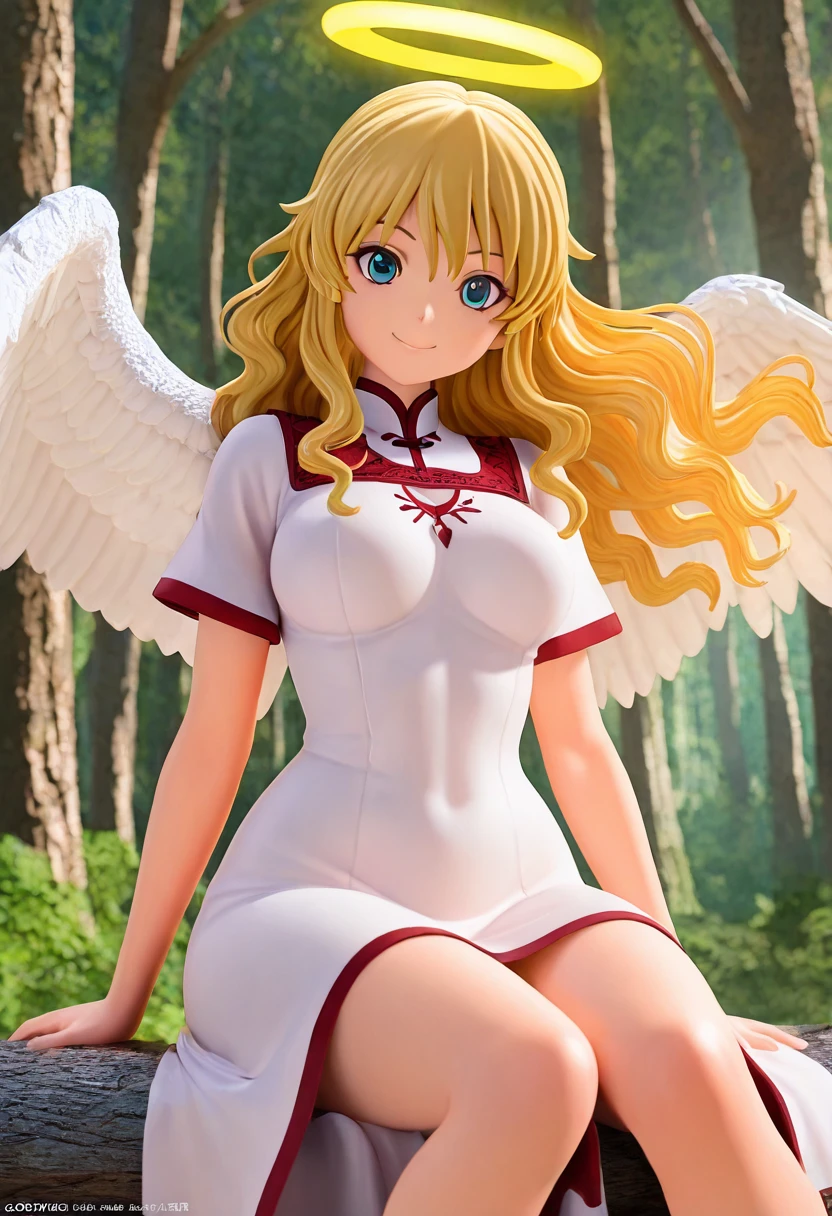 masterpiece, best quality, medium breasts, (curvy), BREAK, 1girl, solo, blonde hair, wavy hair, angel, angel wings, halo, smile, sitting, forest, white dress,smile, looking at viewer, cowboy shot, dynamic pose, wind, <lora:Anime3D33_IXL:1.0>,