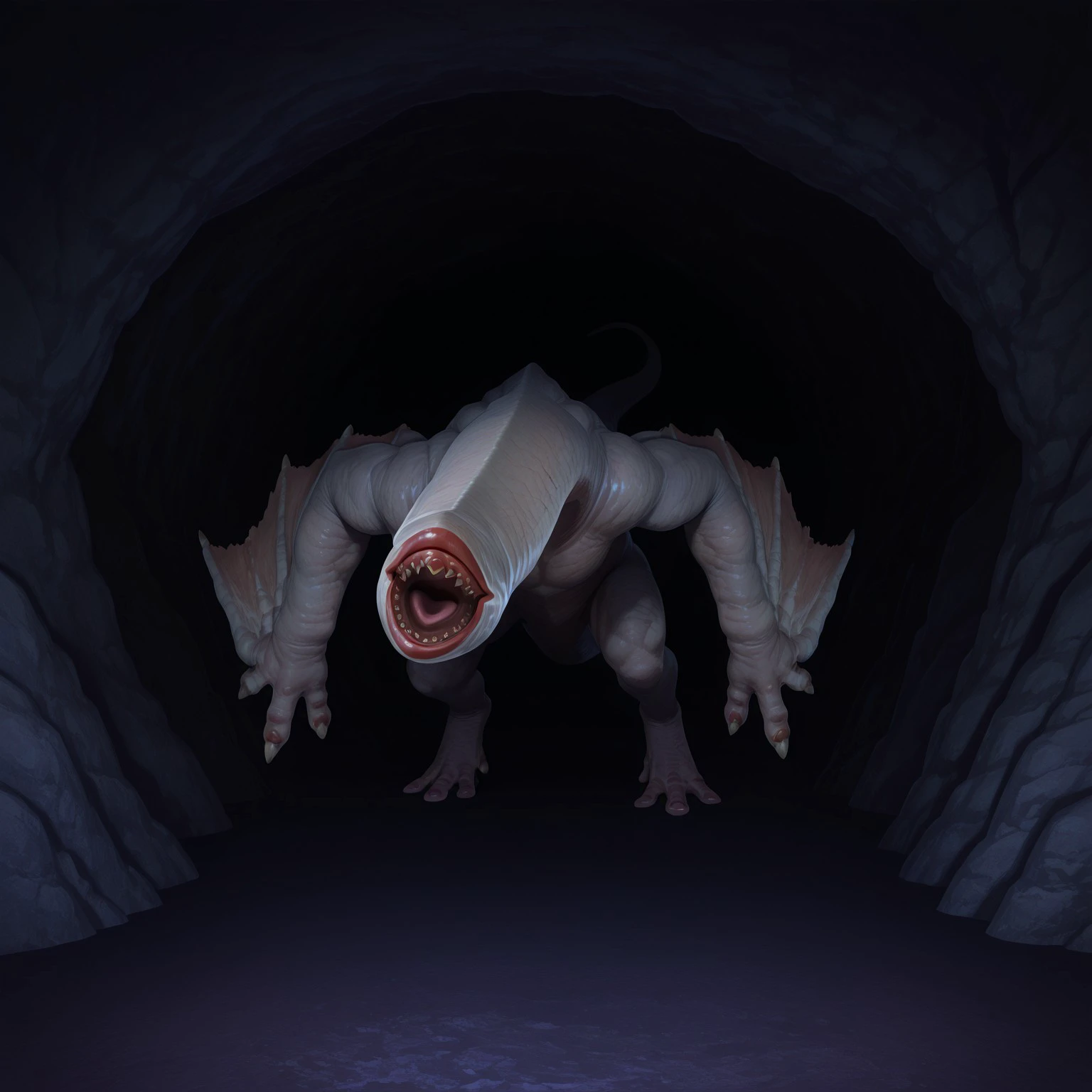 An monster, below view, creepy, glowing eyes, fur, solo, standing, horns, long glowing tongue, circular head, mouthless, full body, no ears, long neck, creepy, huge claws, an dark gloomy room, swollen, no nose, sideways neck, huge penis
