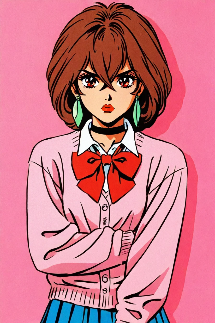<lora:ayase_momo-koto-Illustrious v01:0.4> ayasemomo, hair between eyes, crossed bangs, green earrings, brown hair, red eyes, black choker, short hair, white shirt, red bowtie,pleated skirt,school uniform, pink cardigan, long sleeves, 1girl, solo, alone, <lora:retro_comic_fantasy_illustriousXL-000019:0.8>, retro, comic, fantasy, masterpiece, highres
