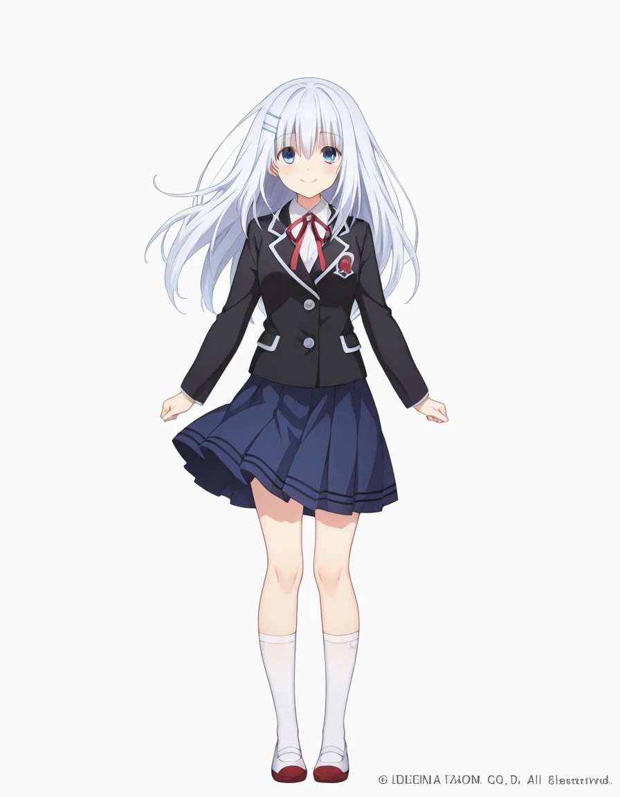 Volumetric Lighting, (masterpiece), (best quality), (ultra-detailed), masterpiece, source_anime, score_9, score_8_up, score_7_up BREAK, illustration, disheveled hair, detailed eyes, perfect composition, moist skin, intricate details BREAK, Moegami, long hair, white hair, blue eyes, ori hairclip, schoolorigami, rzn blazer, rzn skirt, rzn neck ribbon, red ribbon, white socks, uwabaki, (((white background))), looking at viewer, smile, full body, solo, 1girl, (((detailed face)))