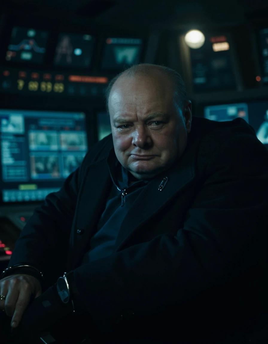 cinematic film still cinematic photo church1ll, an overweight man commanding a futuristic spaceship bridge, holographic displays and glowing lights around him, focused and authoritative demeanorâââ <lora:F1D_Winston-Churchill_v01e07:1> . 35mm photograph, film, bokeh, professional, 4k, highly detailed . shallow depth of field, vignette, highly detailed, high budget, bokeh, cinemascope, moody, epic, gorgeous, film grain, grainyâââ
