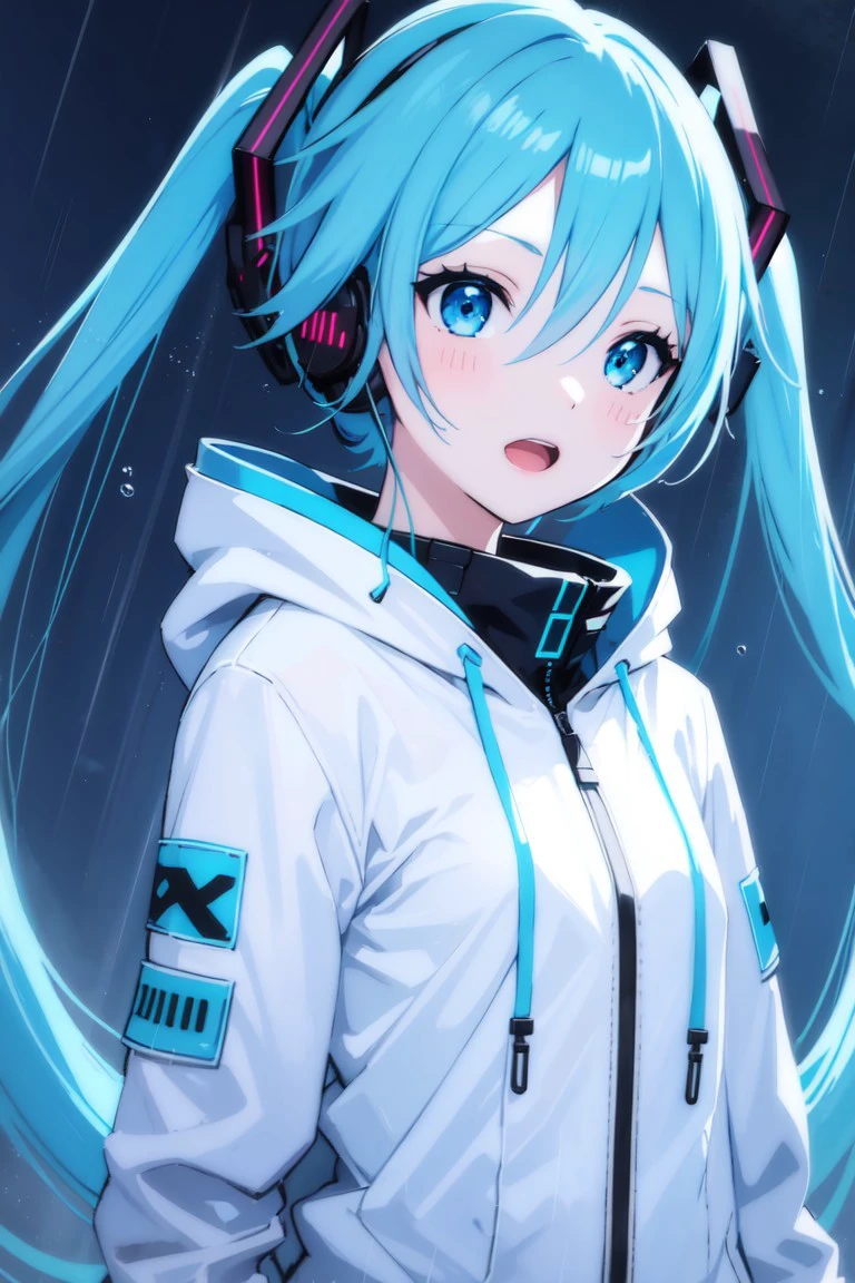 1girl, Hatsune Miku, blue eyes, blue hair, twintails, headset, open mouth, sky blue raincoat, holding a walking, rain, upper body, portrait, solo