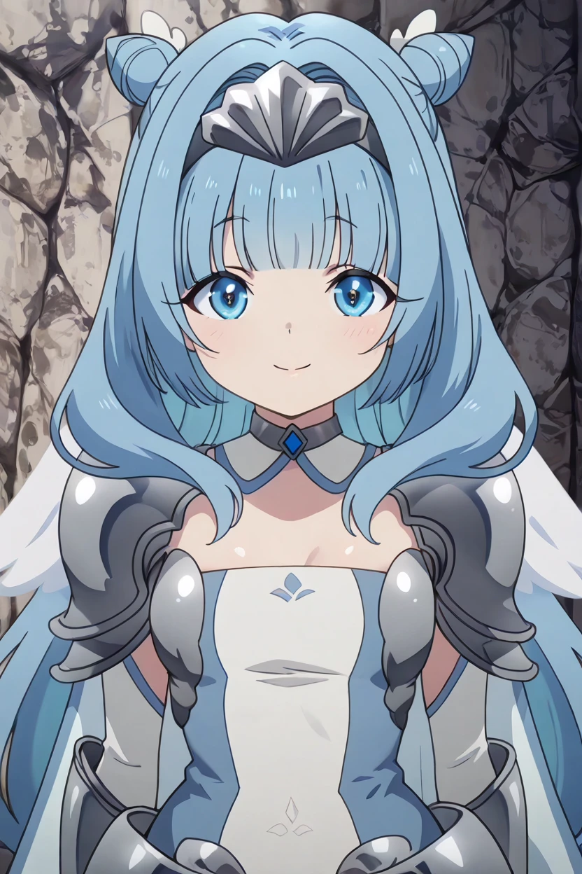 masterpiece, best quality, solo, curvy, beautiful eyes, zzSylphy, blue eyes, blue hair, long hair, blunt bangs, double bun, hair intakes, armor, shoulder armor, pauldrons, hair bun, breastplate, dress, <lora:SylphyMobKaraIXL:1.0>, upper body, smile, looking at viewer, shiny skin,