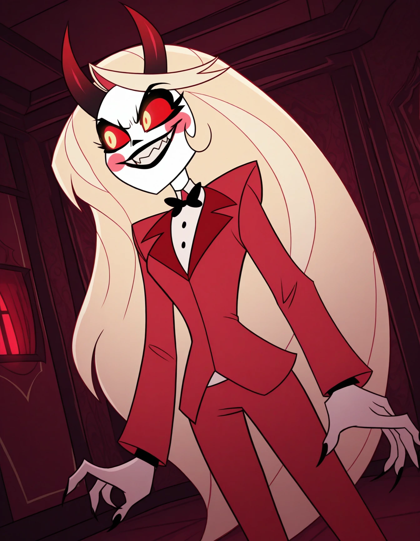 detailed, masterpiece, best quality, 
red suit, bowtie, collared shirt, pants, 
indoors,  
1girl, solo, standing, looking to the side, sharp fingernails, black nails, dutch angle, smile, 
<lora:hh-charlie:1> xcharliex, blonde hair, very long hair, yellow eyes, red sclera, glowing eyes, makeup, lipstick, horns, sharp teeth, fangs, demon girl, blush stickers,