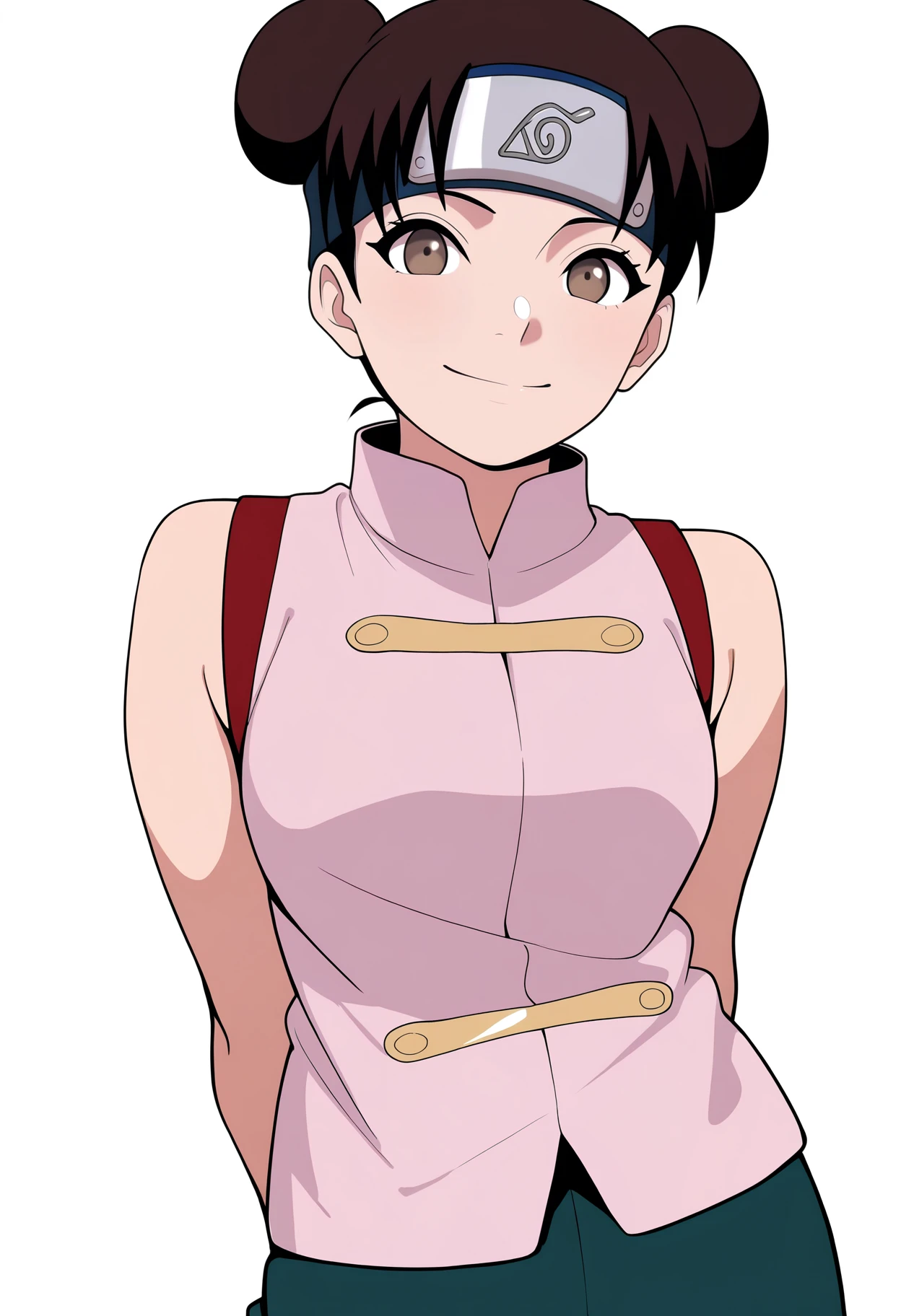 masterpiece, best quality, very aesthetic, absurdres,
1girl, ytenten, brown eyes, brown hair, short hair, double bun, forehead protector,
konohagakure symbol, bare shoulders, sleeveless shirt,
upper body, arms behind back,
smile, looking at viewer, solo, simple background, white background, <lora:TentenGeninNoobXL_byKonan:1>