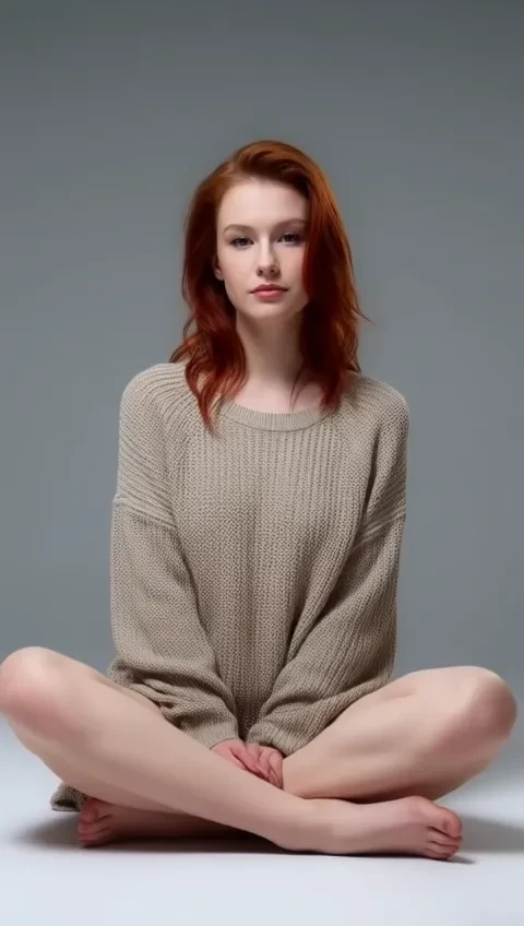 A full-body shot of a pale European woman with red hair sitting cross-legged on the floor, wearing a cozy oversized sweater, her posture casual yet captivating against a neutral gray background