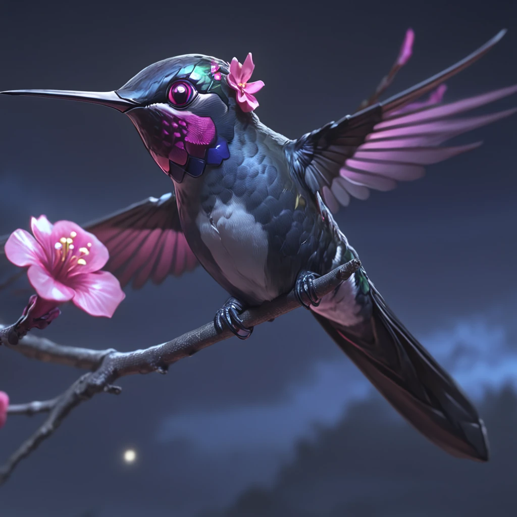 <lora:Crimson_LuminarySDXL:1> ArsMJStyle, Crimson Luminary, The image shows a hummingbird perched atop a tree branch with pink flowers against a backdrop of a night sky. The bird is animated giving the image a lively and vibrant feel., no humans, flower, bird, pink flower, flying, animal focus, branch, blurry, wings, animal