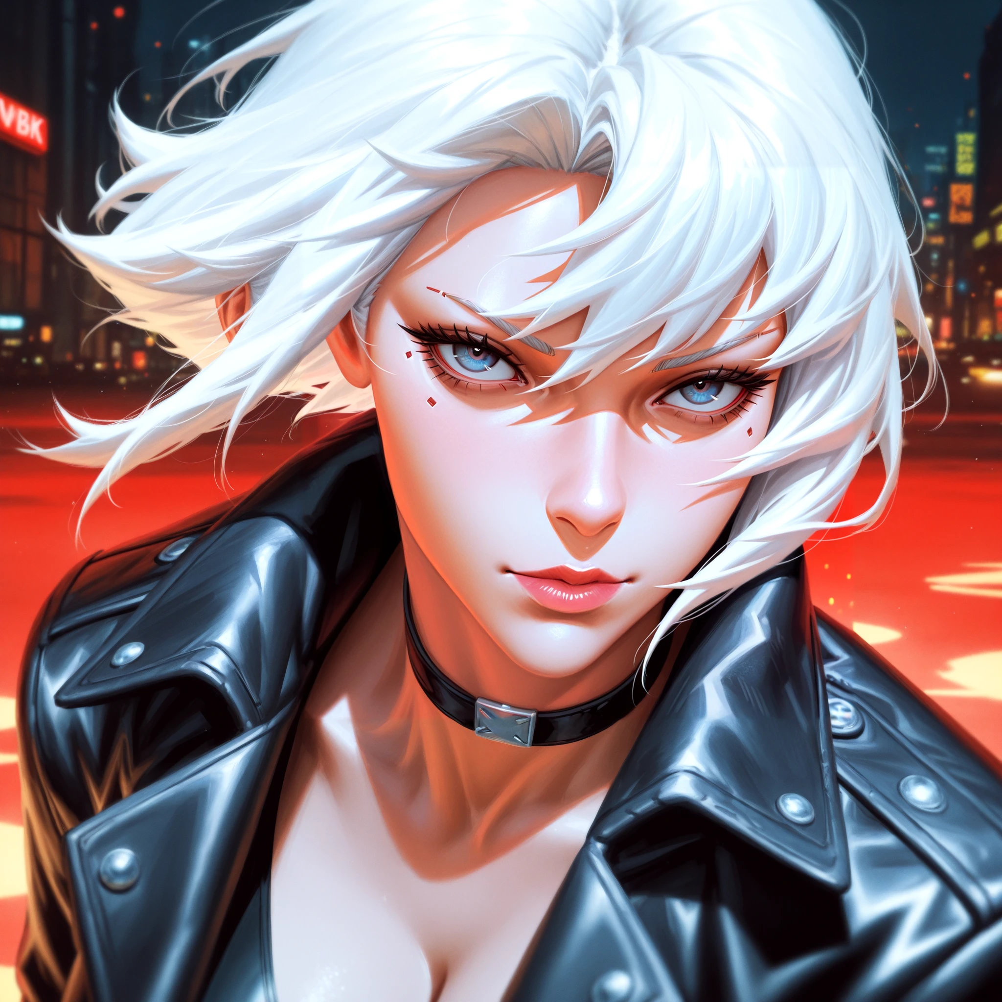 ((masterpiece:1.5)), ((best quality:1.5)), HDR, anime - style portrait of a woman with white hair and a black leather jacket, artwork in the style of guweiz, anime styled digital art, digital cyberpunk anime art, anime style 4 k, realistic anime artstyle, girl with short white hair, anime style. 8k, badass anime 8 k, anime style portrait, realistic artstyle, anime realism style