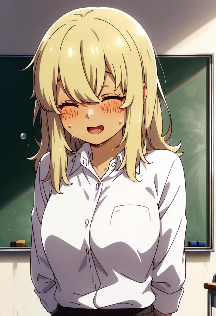 masterpiece, best quality, solo, zzKanaHiga, 1girl, solo, long hair, breasts, blush, smile, open mouth, bangs, blonde hair, shirt, long sleeves, hair between eyes, closed eyes, white shirt, upper body, :d, sweat, collared shirt, indoors, sweatdrop, dress shirt, arms behind back, facing viewer, chalkboard, dark skin, ,<lora:OkitsuraStyleIXL:1.0>,