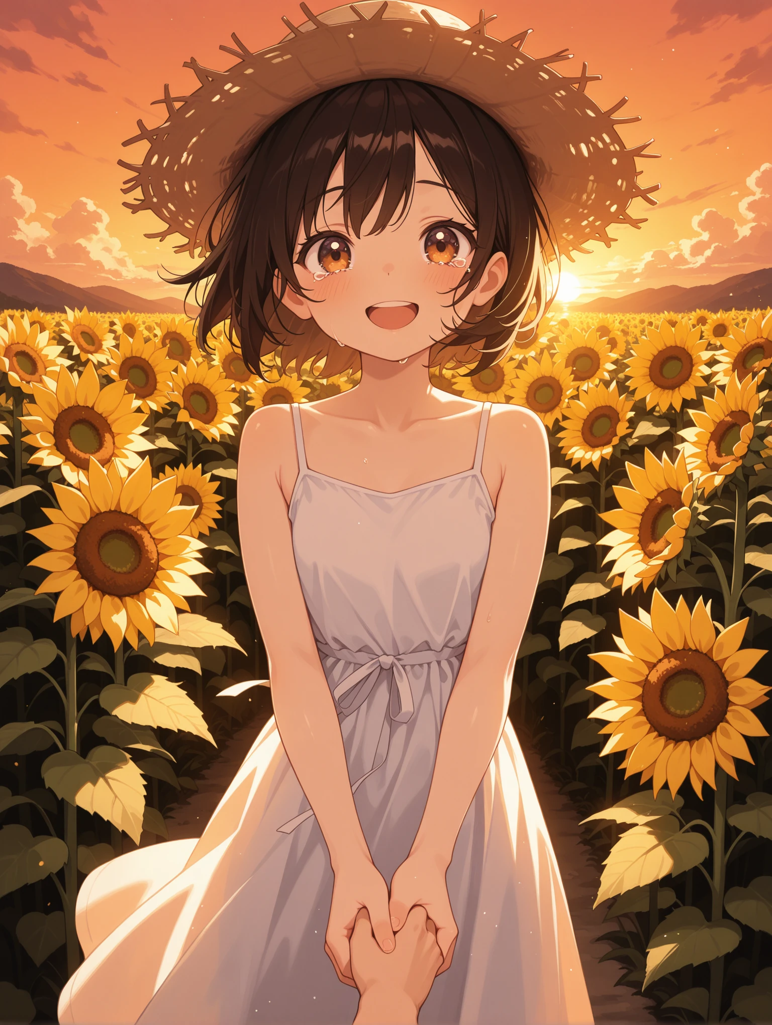 1girl,white_dress,sunset,sunflower,looking_at_viewer,straw hat,happy,tears,holding_hands,pov,volumetric lighting,
masterpiece,best quality,amazing quality,very aesthetic,absurdres,newest,