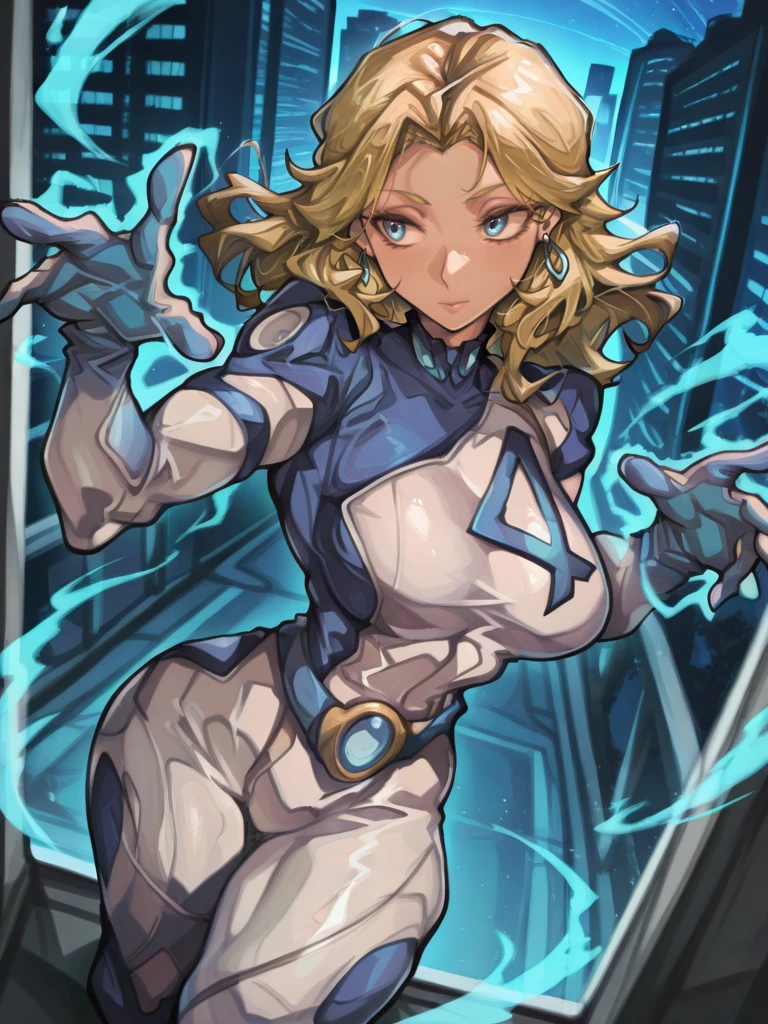 highres, hi res, best quality, masterpiece, intricate details, absurdres, 4k,, semi realistic, cartoon,
1girl, blonde hair, blue eyes, earrings, bodysuit, gloves, (SueStormXL:1.1).
dynamic pose, cowboy shot, looking at away, sexy pose, city, looking at viewer, hands up, energy around, dutch angle, from above,
<lora:ASueStorm_character-12:0.8> <lora:iparupua_style_lora_ILL:0.8> , by iparupua,