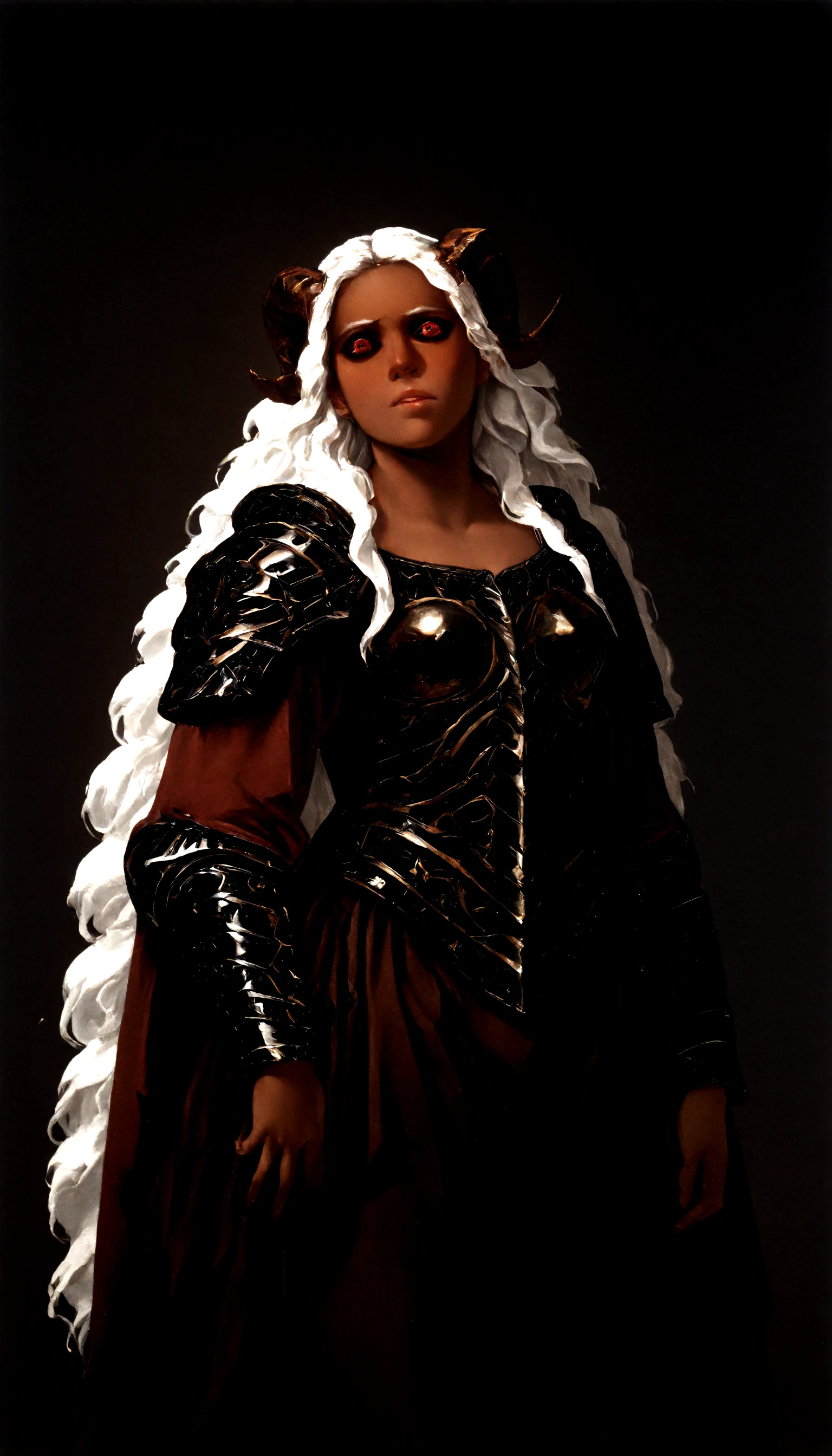 <lora:ArtemisiaGentileschiStyle_epoch_10(1):0.99> artemisia_gentileschi, solo, cowboy_shot, <lora:QinslethIllustV2:0.99> qinsleth, dark_skin, horns, white_hair, very_long_hair, armor,, masterpiece,best quality,absurdres, amazing quality
