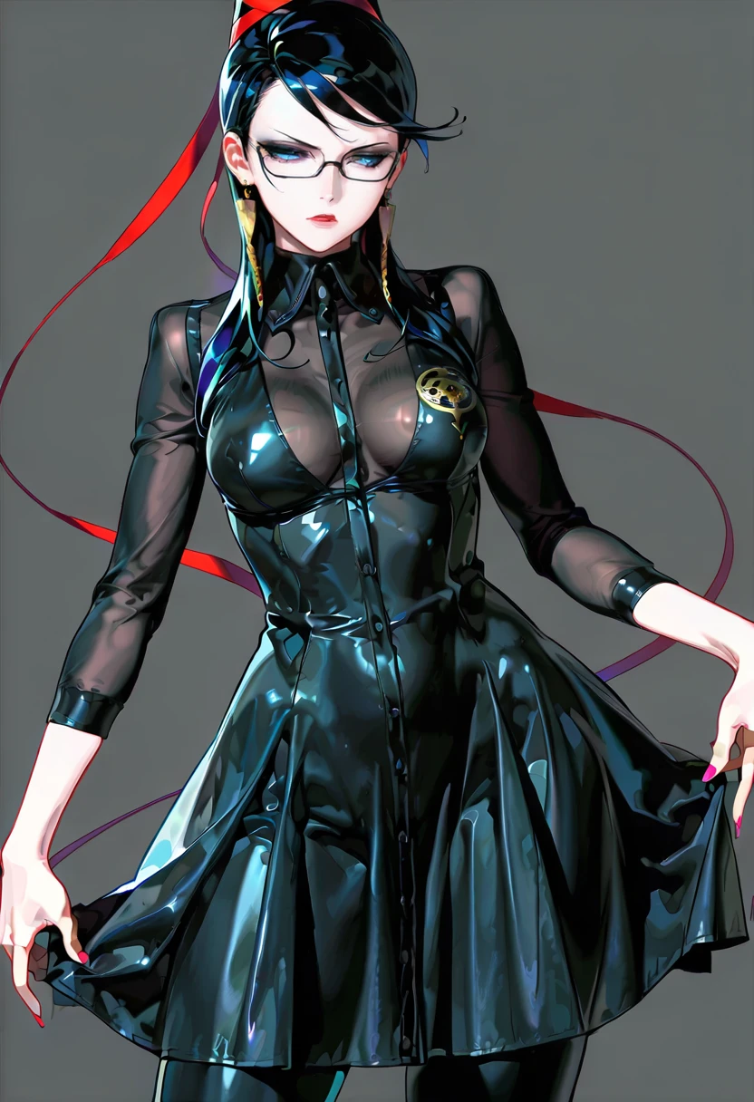 1girl, solo,bayonetta,, morino_hon,dress, latex, see-through,