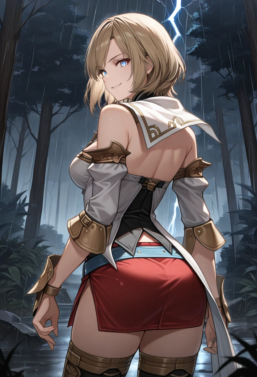 ((Masterpiece)), (best quality), (cinematic lighting), Cute teenage girl, Cute eyes, backlit, side light, small breast, slender body, (profile of face), from below, (trival long loincloth), (put on cat ears), (ancient ruined overgrown), ((Standing on the ground)), open legs wide, looking at viewer, (evil smile, blush), silver hair with red mesh, wearing croptop,