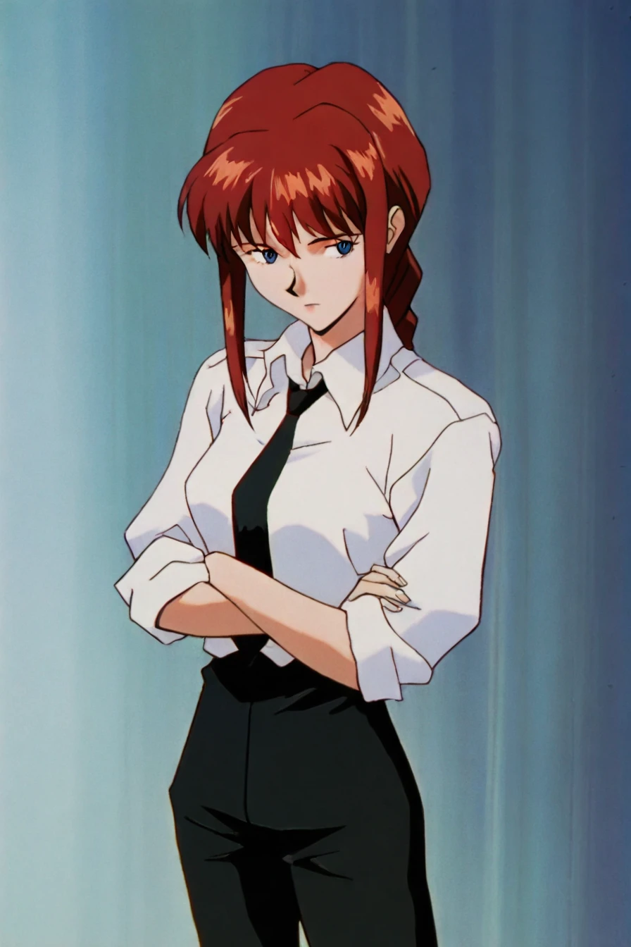 makima, red hair, long hair, ringed eyes, braid, white collared shirt,black necktie, black pants, 1girl, solo, alone, <lora:neon_genesis_evangelion_style_illustriousXL:0.8>, neon_genesis_evangelion_style, retro, masterpiece, highres