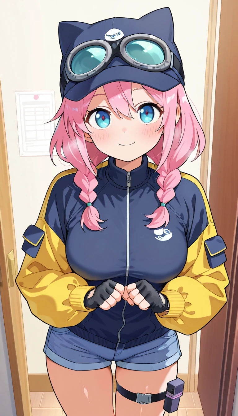 (masterpiece),best quality,amazing quality,very aesthetic,absurdres,newest,perfect body,shiny skin,perfect eyes,detail1eye,well-defined fingers,well-defined fingernails,anime style,indoors,1girl,solo,upper body,(portrait:1.5),looking at viewer,facing viewer,smile,blush,Steam Delivery Girl,cat hat,baseball cap,blue headwear,goggles on headwear,medium hair,pink hair,twin braids,hair over shoulder,hair between eyes,parted bangs,blue eyes,multicolored jacket,blue jacket,medium breasts,yellow sleeves,puffy long sleeves,black gloves,fingerless gloves,denim shorts,thigh strap,grey socks,sneakers,black footwear,<lora:Steam Delivery Girl(steam)-Illus:1.4>,