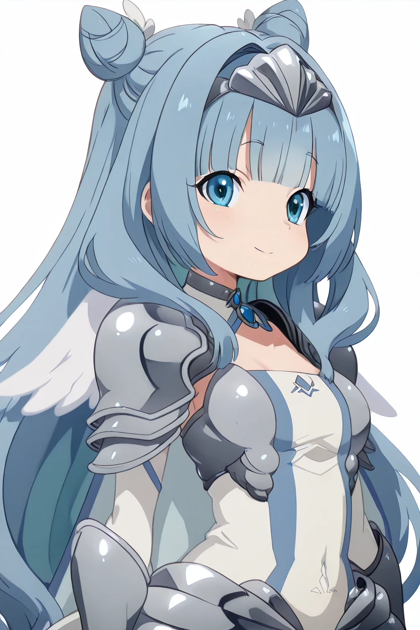 masterpiece, best quality, solo, curvy, beautiful eyes, zzSylphy, blue eyes, blue hair, long hair, blunt bangs, double bun, hair intakes, armor, shoulder armor, pauldrons, hair bun, breastplate, dress, <lora:SylphyMobKaraIXL:1.0>, upper body, side view, smile, looking at viewer, shiny skin,<lora:HaradaTakehitoIXL_v3:1.3>, <lora:ZankuroIXLLight_v2:0.6>,