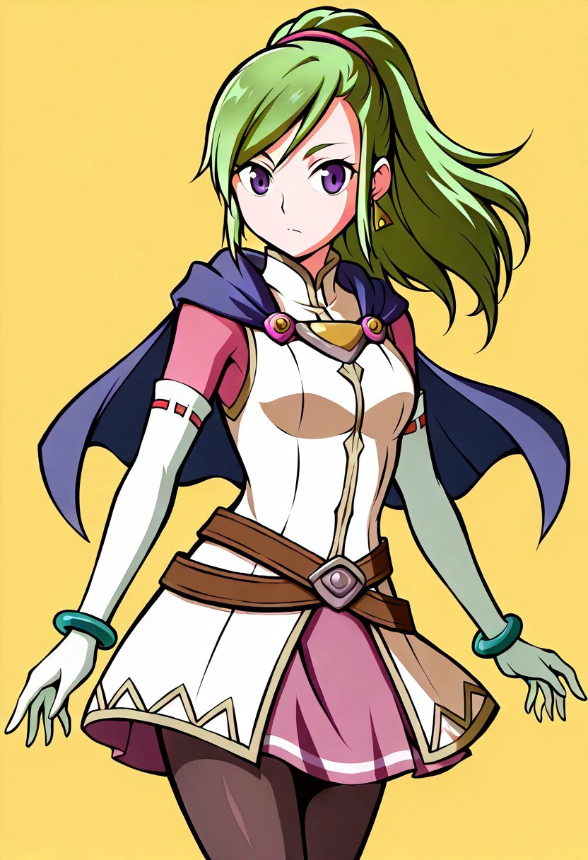 official art, masterpiece, best quality, absurdres, very aesthetic, WindWakerStyle, 1girl, female focus, solo, Karis_GS, green hair, ponytail, bangs, asymmetrical hair, sidelocks, purple eyes, triangle earrings, capelet, blue capelet, small breasts, mandarin collar, coat, white coat, ribbon trim, gold trim, undershirt, pink shirt, pink sleeves, crossed belts, miniskirt, pink skirt, white gloves, elbow gloves, bracelet, black pantyhose, standing, cowboy shot, looking at viewer,