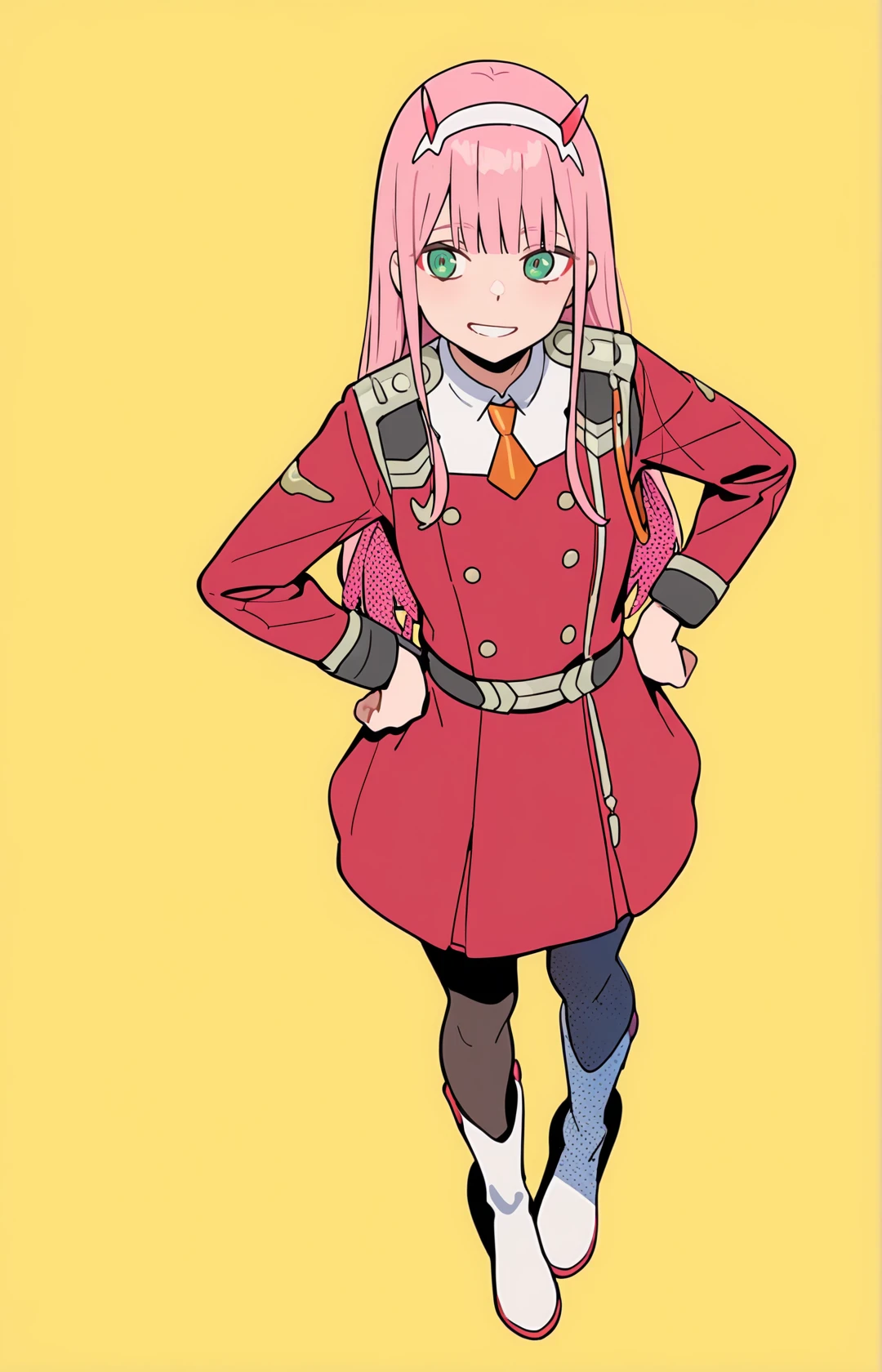 perfect quality,high quality,masterpiece,best quality,amazing quality,very aesthetic,absurdres,Cinematic Lighting,newest,
front view,full_shot,Grin,
ZeroTwoCYQL,1girl,solo,pink hair,long hair,bangs,horns,hairband,white hairband,green eyes,uniform,military uniform,dress,red dress,double-breasted,necktie,orange necktie,short necktie,long sleeves,pantyhose,black pantyhose,boots,white footwear,
full body,standing,v,,
yellow background,simple background,
<lora:semham4:0.7>,<lora:748cmSDXL:0.7>,748cmstyle,,<lora:ZeroTwoCYQL:1>,