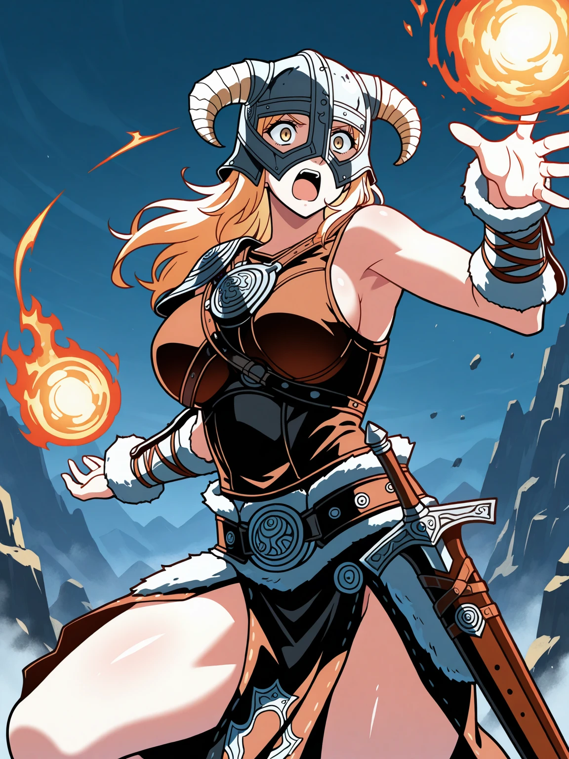 Masterpiece,best quality, vector art,
edgFusRoDah_armor,((horned helmet)), 1girl,solo,large breasts, wearing edgFusRoDah_armor, open mouth, surprised, wolding weapon, sword, magic, huge fireball, throwing fireball,
<lora:edgFusRoDahILS:0.9>
