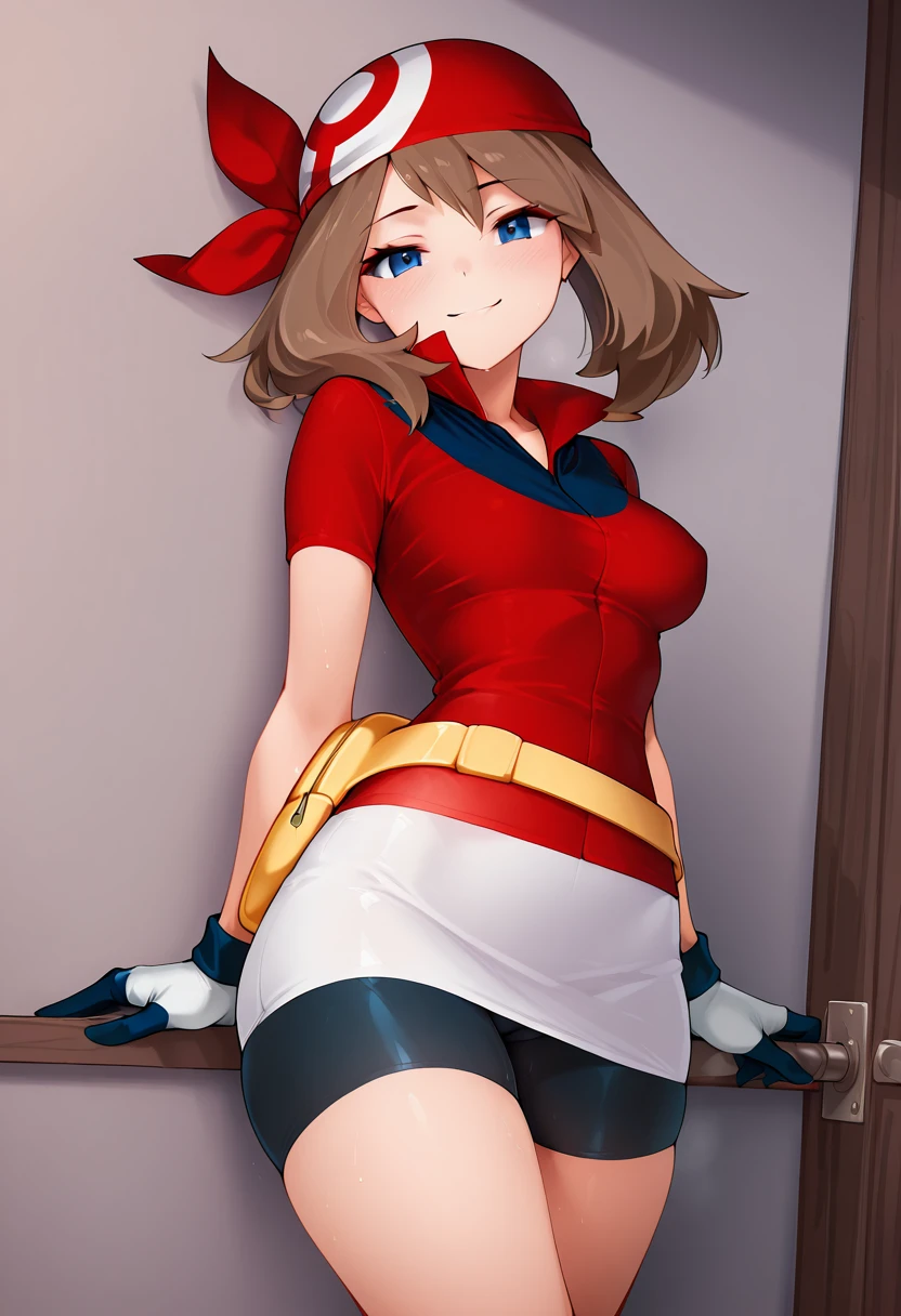 masterpiece, best quality, medium breasts, (curvy), BREAK, zzMay, may (pokemon), solo, brown hair, blue eyes, medium hair, red shirt, bike shorts, red bandana, red shirt, gloves, white miniskirt, yellow belt, <lora:MayPokemonIXL_v2:1.0>,smile, looking at viewer, cowboy shot, <lora:RicegnatStyleIXL:1.0>,