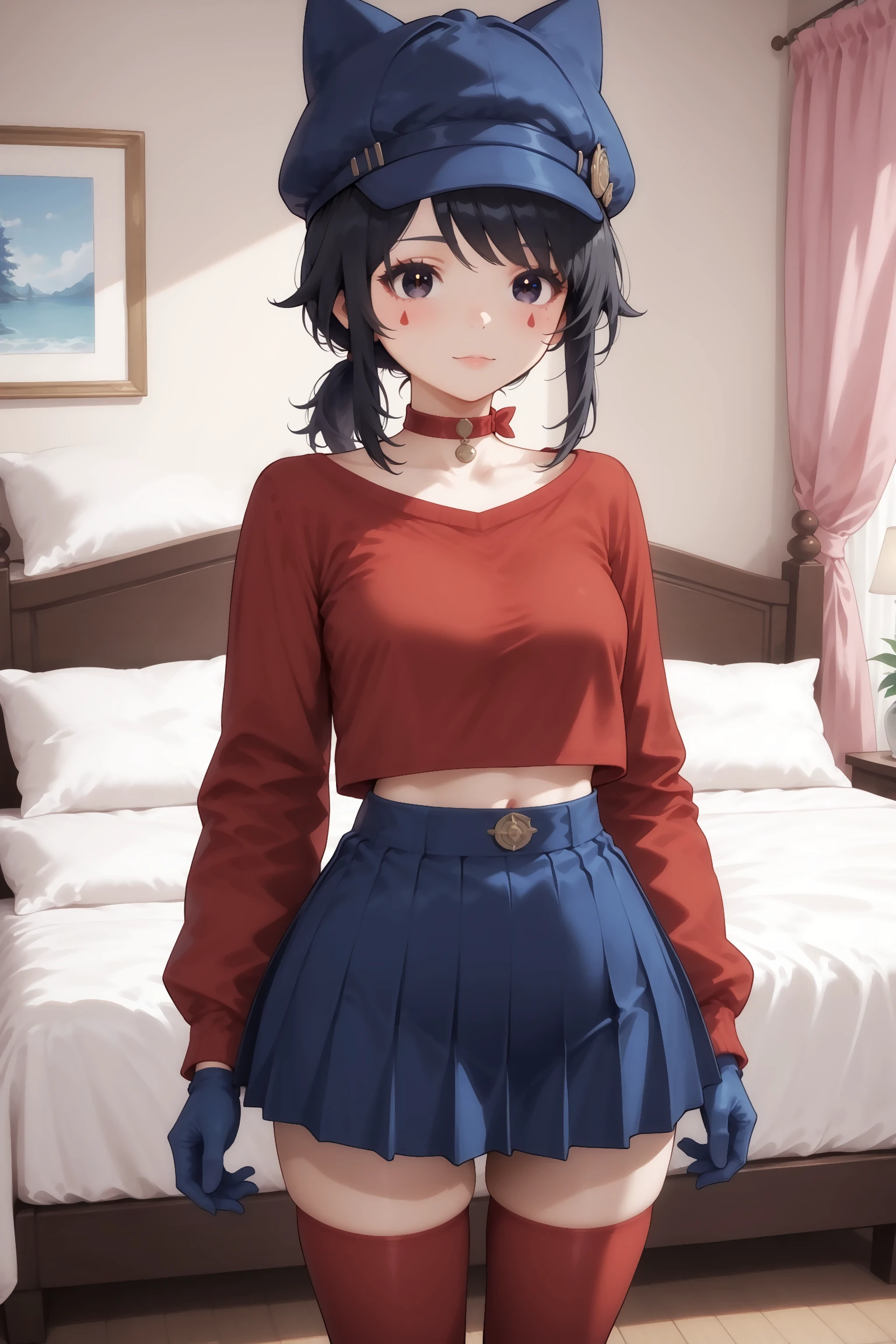 score_9, score_8_up, score_7_up, masterpiece, best quality, imtdmitahat, 1girl, hat, blue headwear, gloves, black hair, pleated skirt, thighhighs, red sweater, blue skirt, long sleeves, choker, blue gloves, facial mark, cabbie hat, animal hat, sidelocks, short ponytail, white panties