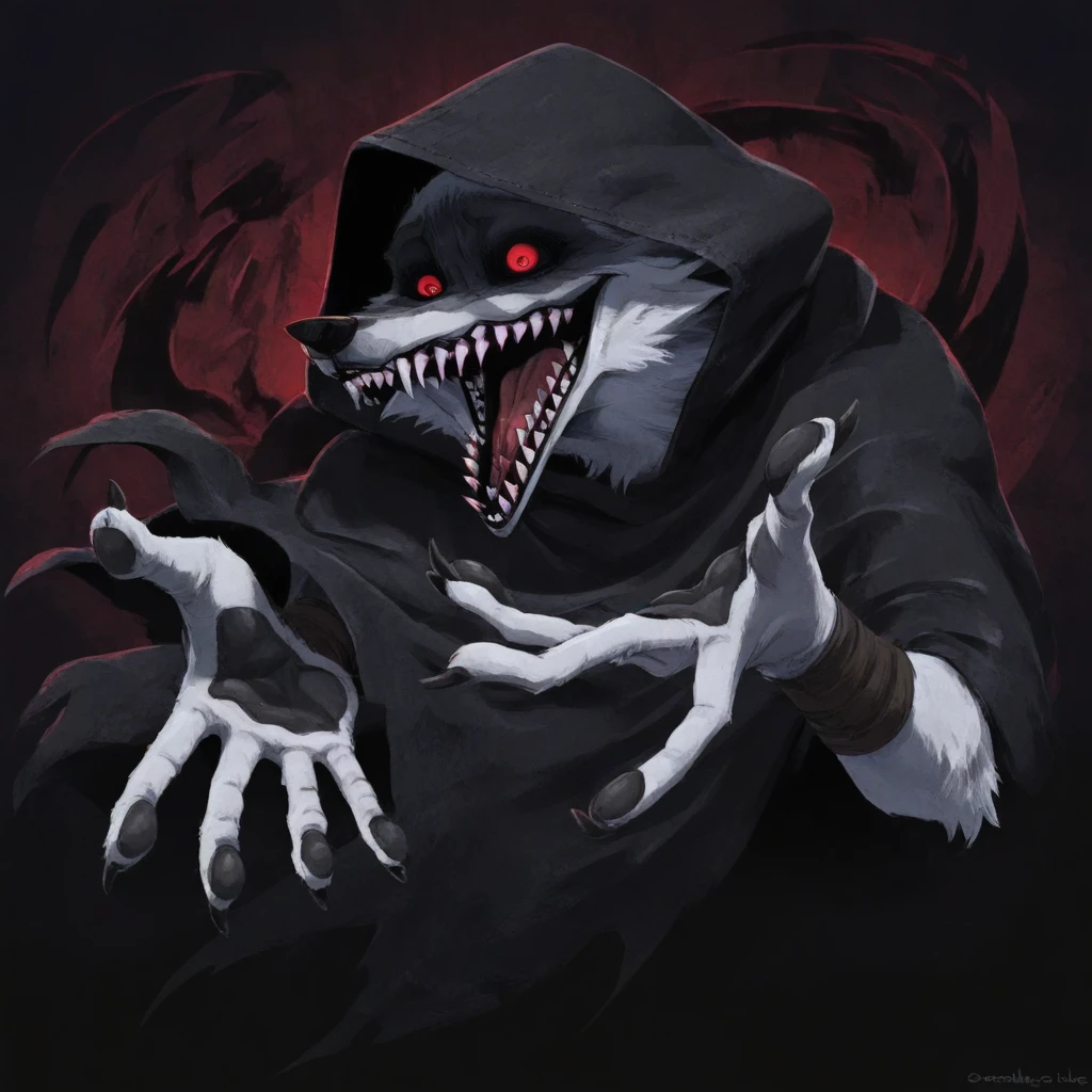 deathWolf, wolf, furry, white fur, cloak, hood, hood up, red eyes, open mouth, sharp teeth, scary